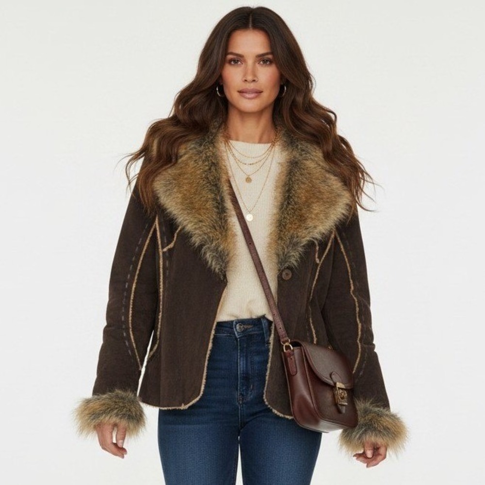 Wilsons Leather Penny Lane Suede Jacket XXL Brown Y2K Boho Faux Fur Trim